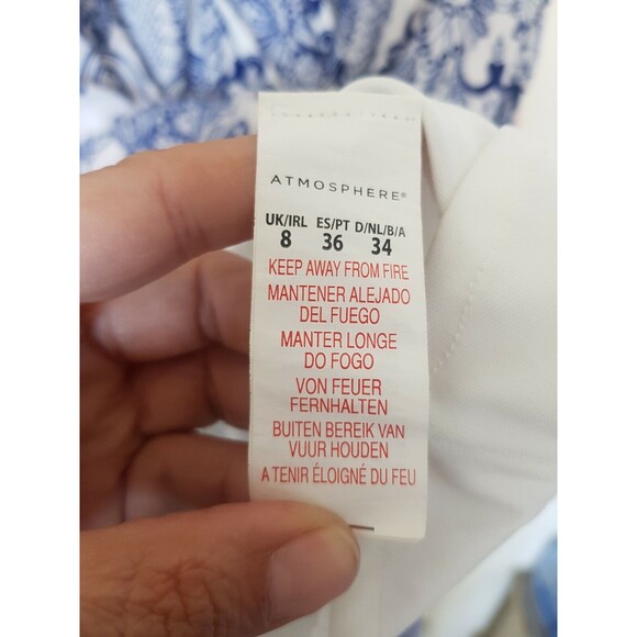 Atmosphere Women  Dress Size 4 Blue White Cap Sleeve Button Half Way Front Tied - Picture 9 of 12